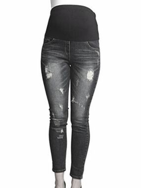 Maternity Black Distressed Stretch Jeans with Grey Fold-Over Waistband